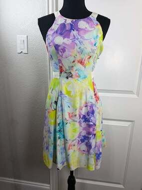Parker 100% Silk Floral Watercolor Sleeveless Halter Fit and Flare Dress